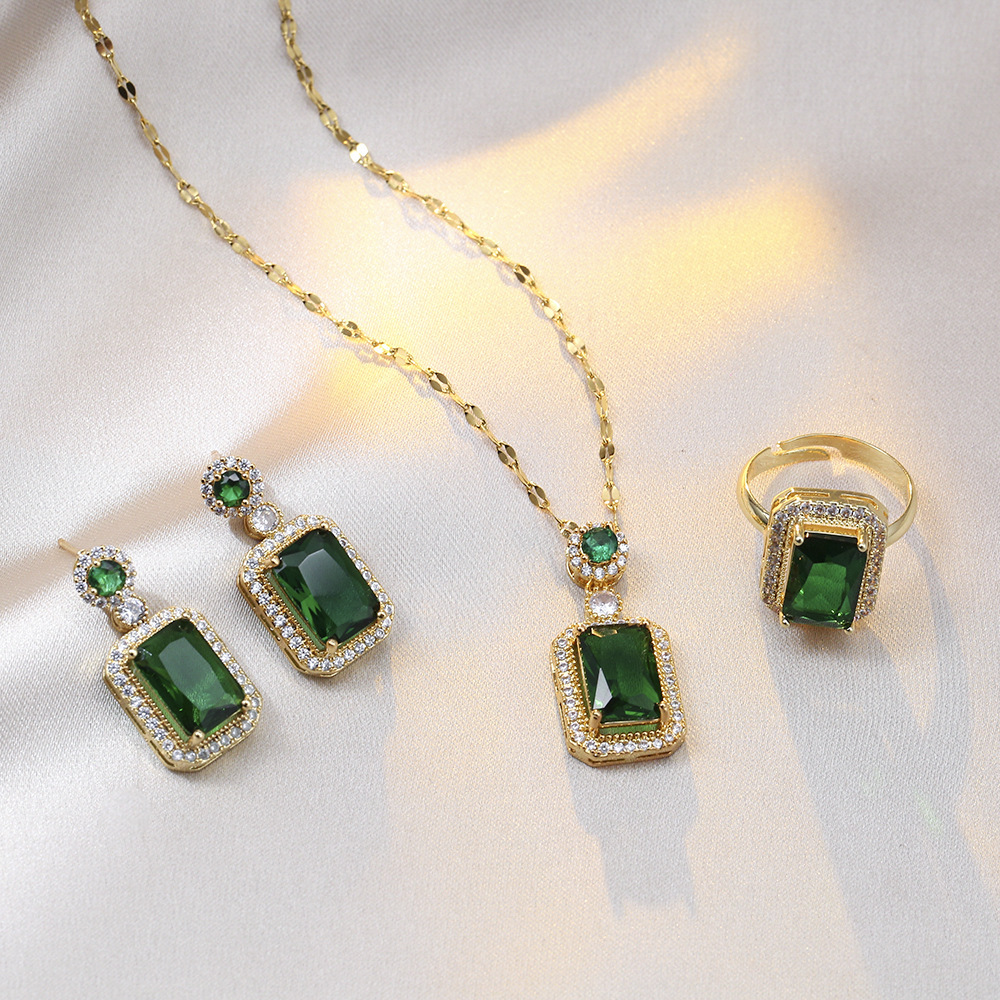 Women's Korean Style Ins Zircon Emerald Ring Niche Earrings suit Commuter Earrings Elegant Clavicle Chain