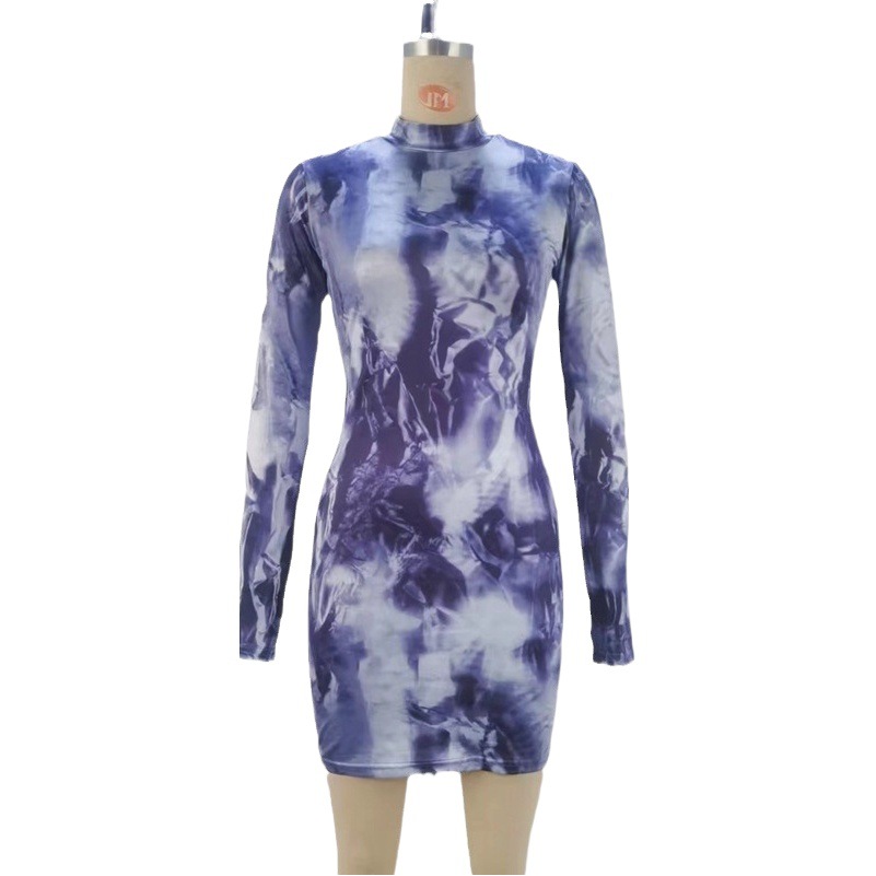 European and American women's 2024 autumn and winter new fashion printing slim round neck long sleeve hip dress women's foreign trade wholesale