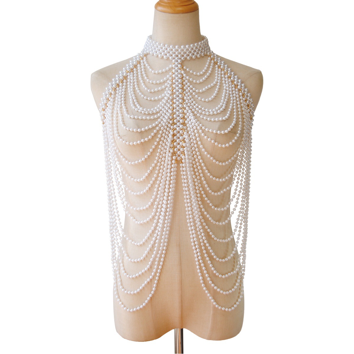 European and American Cross-border Jewelry Hand-woven Imitation Pearl Chest Chain Women's Chest Tassel Multi-layer Necklace Alloy Body Chain