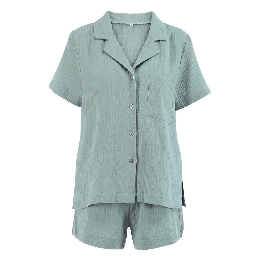 2024 Summer Short Sleeve Pajamas Slit Cotton European and American Shorts Loose Two-Piece Set Double-Layer Gauze Women's Home Clothes
