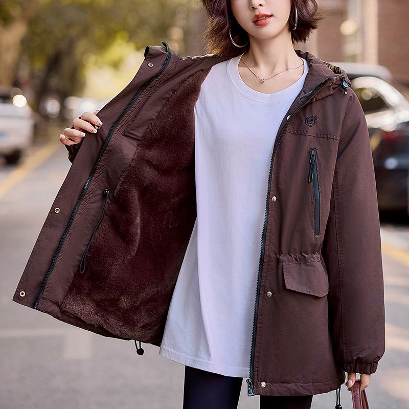 fleece-lined Parker Women's Mid-length 2024 Winter New Thickened Cotton-padded Clothes Waist Slimming Hooded Jacket