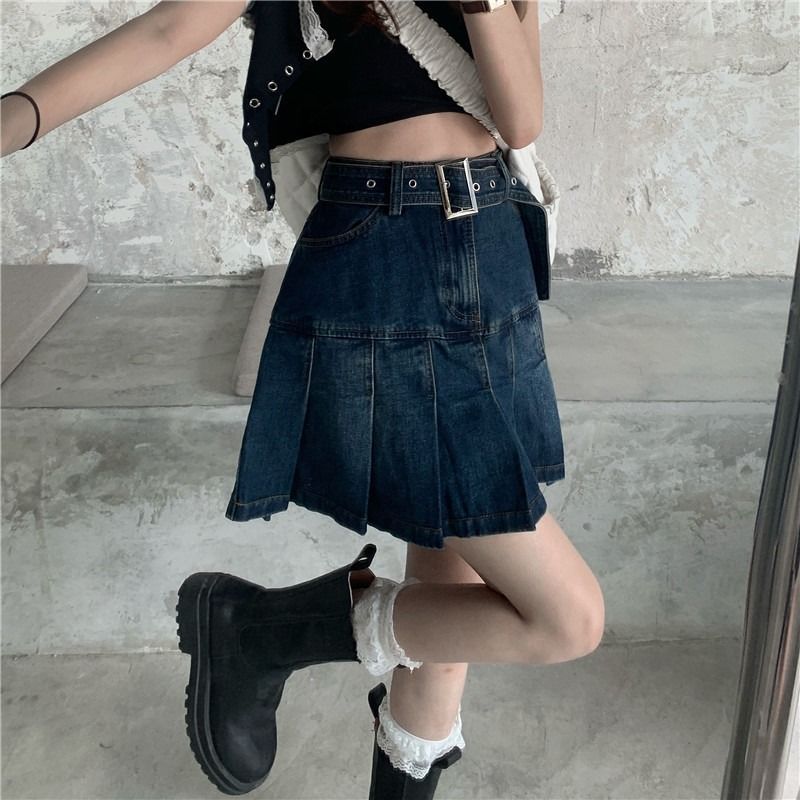 American Style Retro Denim Skirt Women's Summer New High Waist Design Hot Girl A- Line Pleated Skirt Hip Skirt