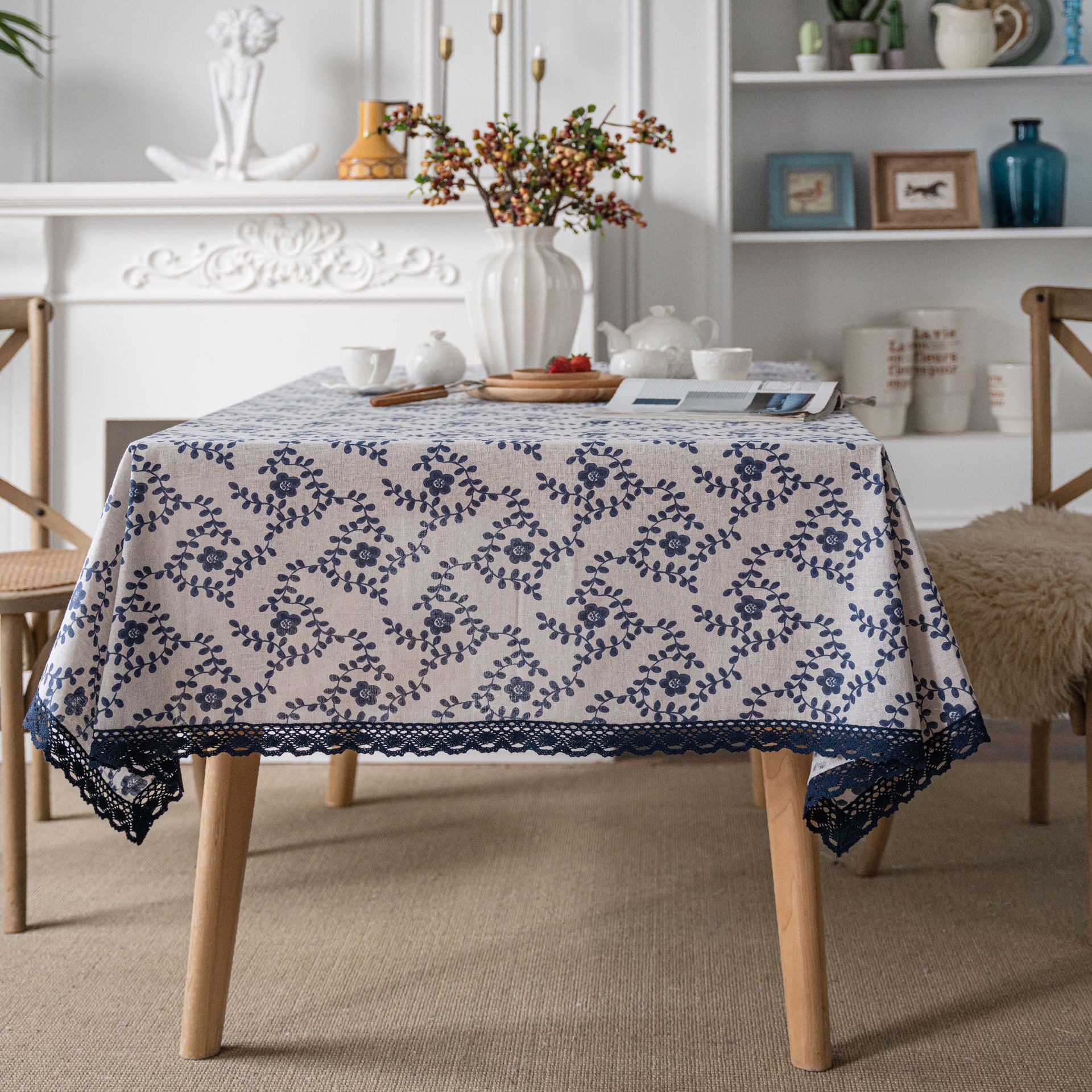 Picture of Yiman Qiyun Navy Blue Plum Blossom Printing Pastoral Cotton and Linen Tablecloth Tablecloth Wholesale Household Cover Towel Lace