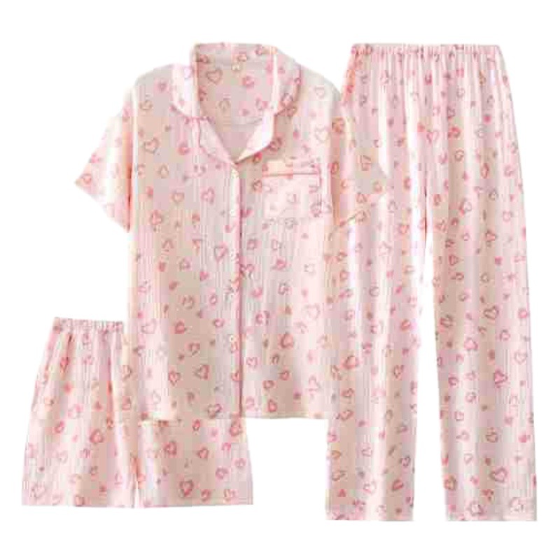 Women's Crepe Cotton Yarn Short-sleeved Trousers Shorts Three-piece Set Spring Summer Autumn Thin Cross-border Cotton Pajamas Home Clothes