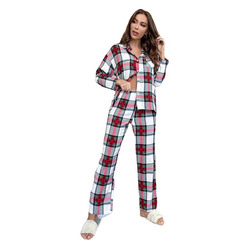 Cross-border Amazon European and American Pajamas Women's Autumn and Winter Plaid Long-sleeved Home Suit Can be Wearing Foreign Trade Independent Station