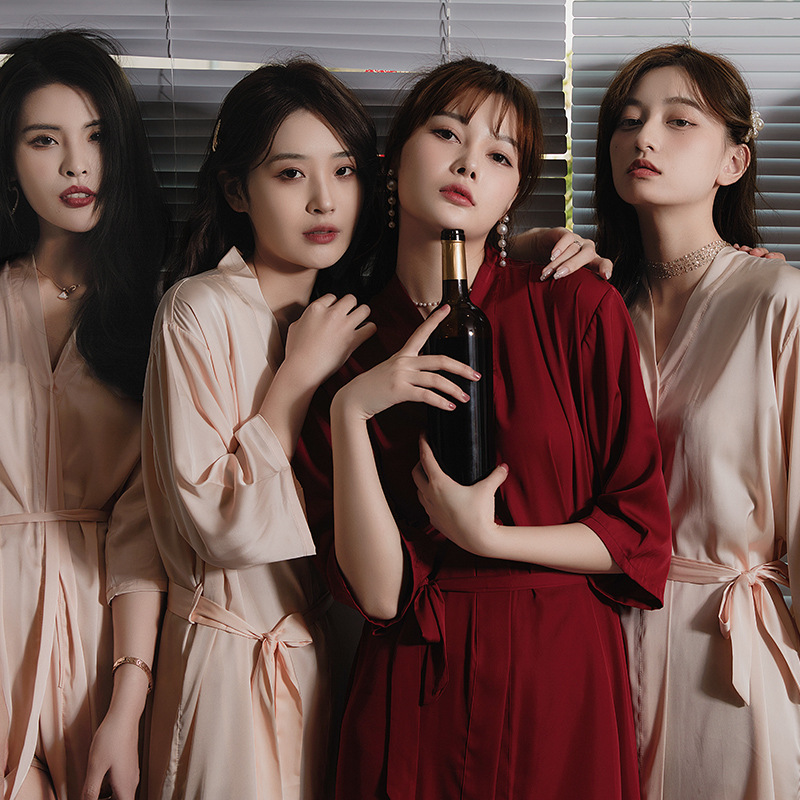 Picture of bride Gown morning Gown Lady nightgown wedding makeup bridesmaid group wedding kimono imitation silk satin bathrobe