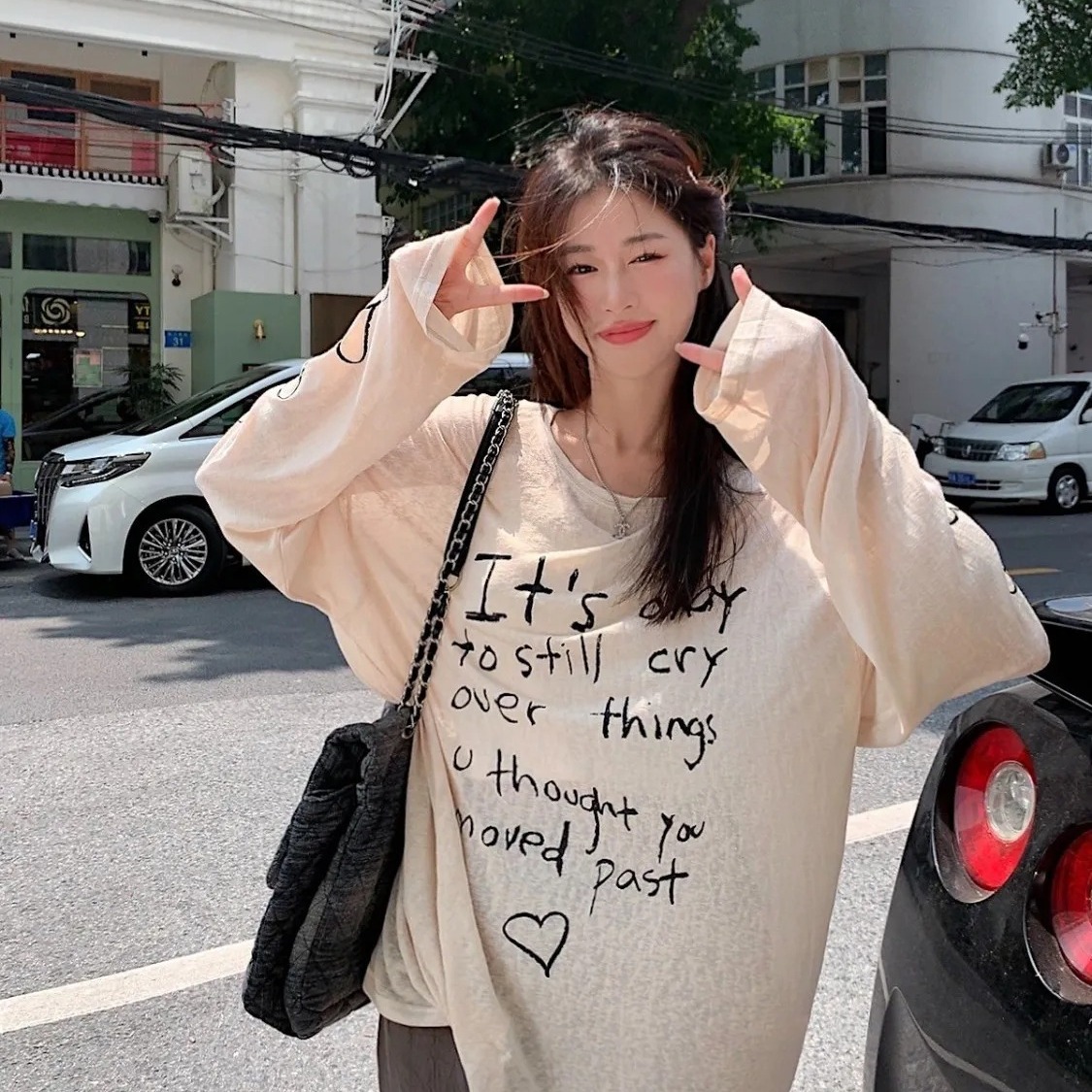 Summer 2024 New Lazy Style Letter Love Printed Loose Slimming Thin Long-sleeved Sunscreen T-shirt Top for Women