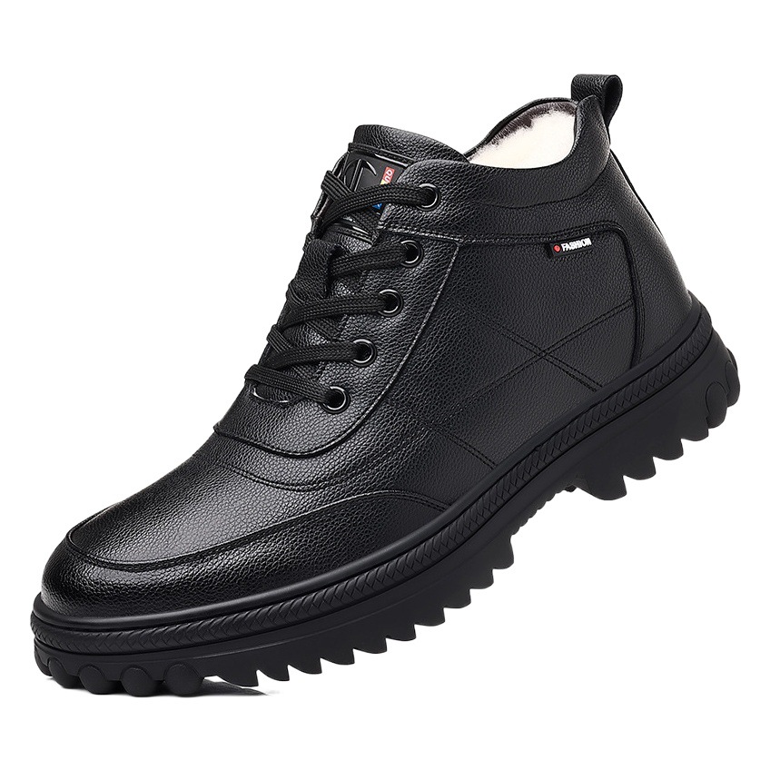 Men's snow boots winter warm fleece-lined thick cotton shoes genuine leather wool non-slip large cotton leather shoes mid-top leather boots tide