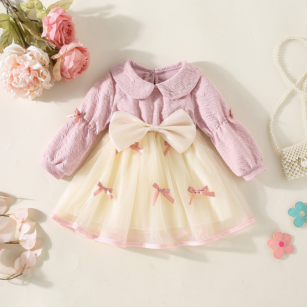 Picture of Spring and Autumn New Girls' Bow Mesh Long Sleeve dress Girls' Sweet Cute Red Spliced Dress