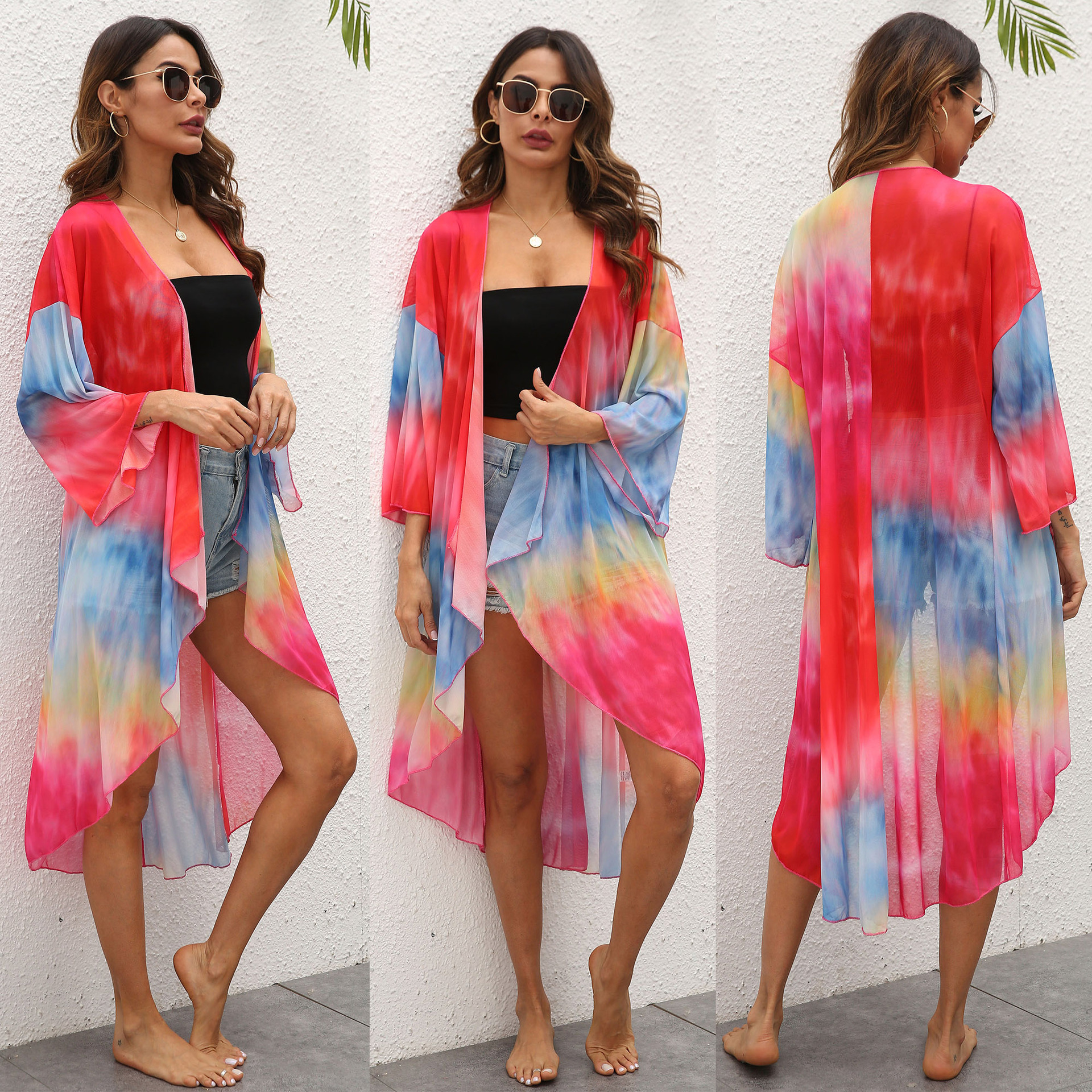 Cross-border European and American women's tie-dyed color random printing irregular 3/4 sleeve mesh beach sun protection coat 200472