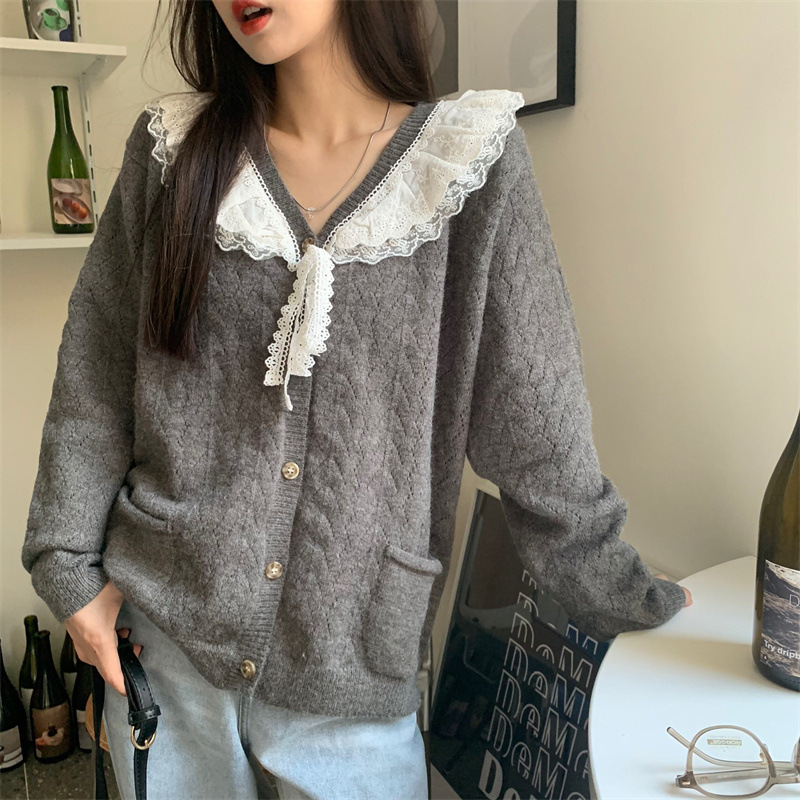 【Daijin】24 Winter-Pu Long-Sleeved Lace-Trimmed Knit Sweater for Women, Spring and Autumn, Japanese Gentle Style Design