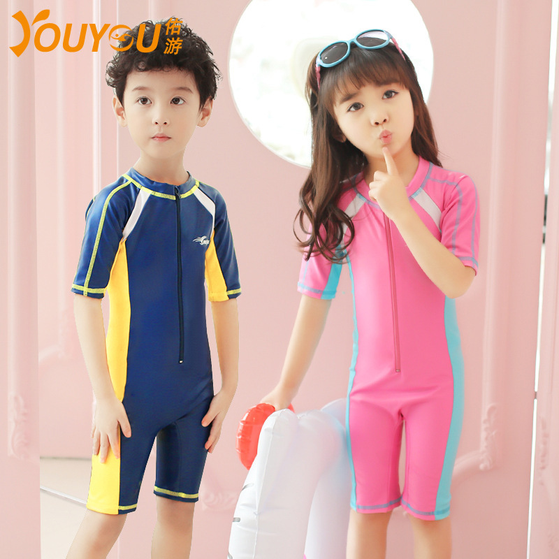 Children's Swimwear Boys and Girls Short Long Sleeve Suit Cute Size Children's Hot Spring Beach Sunscreen Swimwear