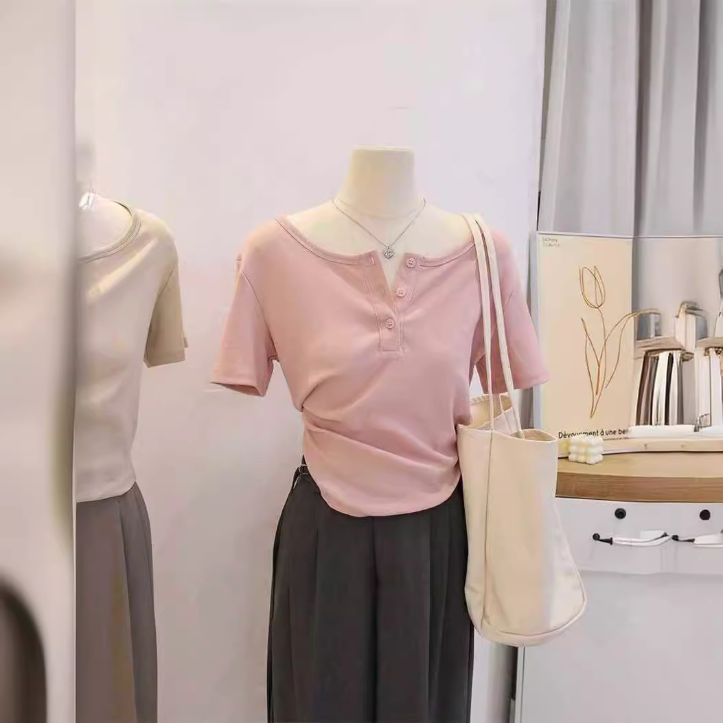Pure Desire Style New Style Shoulder Design Sense Niche Short Arc Slimming Solid Color T-shirt Women's Round Neck Short Sleeve Top Trendy