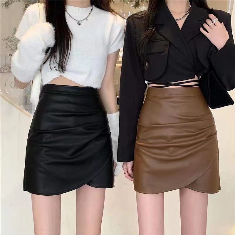 plus size Small Leather Skirt Women's Spring and Autumn High Waist New Pleated Skirt Hip Anti-walking Black Chubby Mma Short Skirt