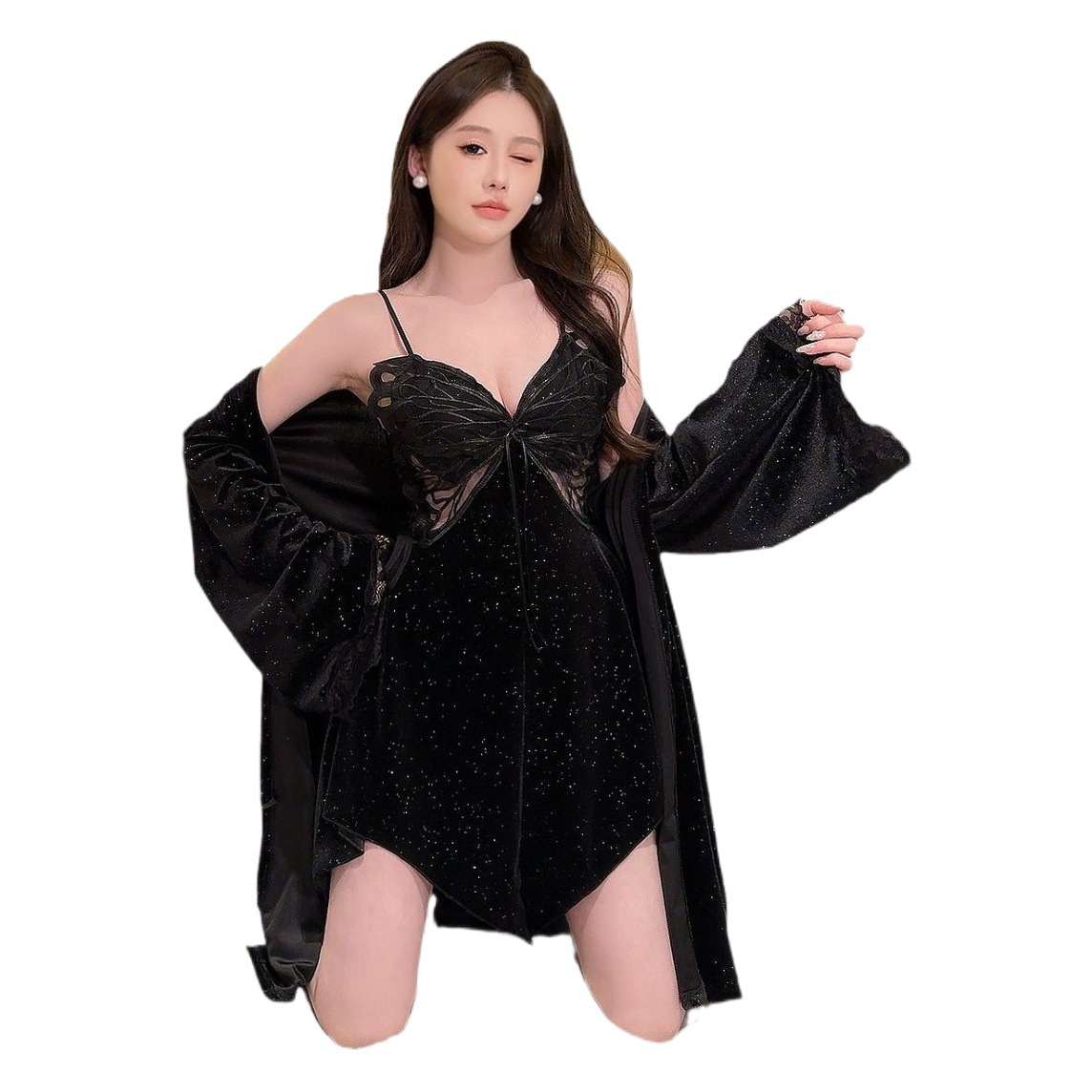 Lingerie Sexy Lace Deep V Plus Chest Pad Nightdress Robe suit Starry Sky Butterfly Sequins Golden Velvet Pajamas Women