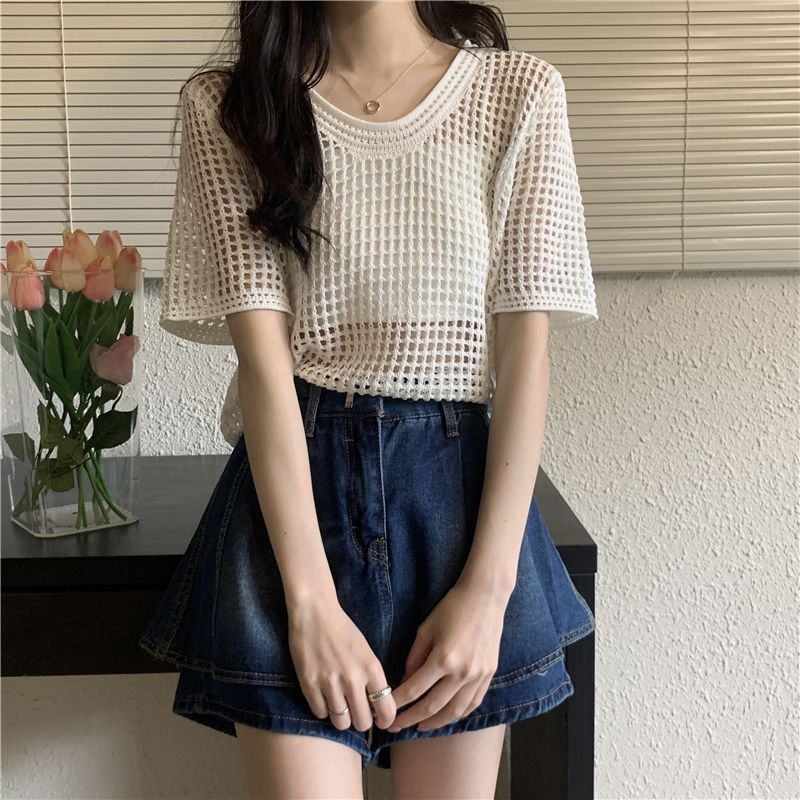 Sexy Spice Girl's Crewneck Turtleneck Thin Hollow-out Sunscreen Small Blouse Outer Short Knitted Shirt Lazy Top