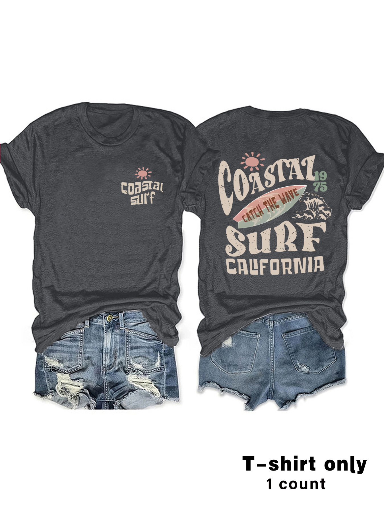 Picture of European and American Round Neck Vintage Coastal Surf Californiamatc Top Women's T-Shirt Loose Short Sleeves