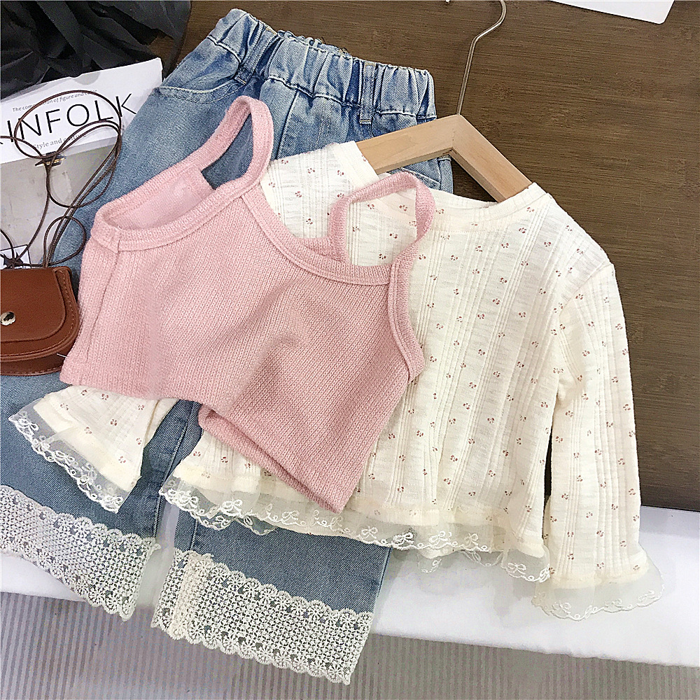 Picture of Girls' Spring 2025 New Stylish Floral Shirt Spring and Autumn Fashion Long Sleeve T-Shirt Sling Two-piece Top