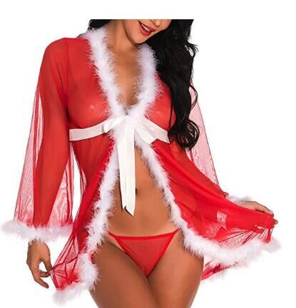 Foreign trade wholesale women's red Christmas bathrobe white fur lace-up sexy underwear lace perspective pajamas