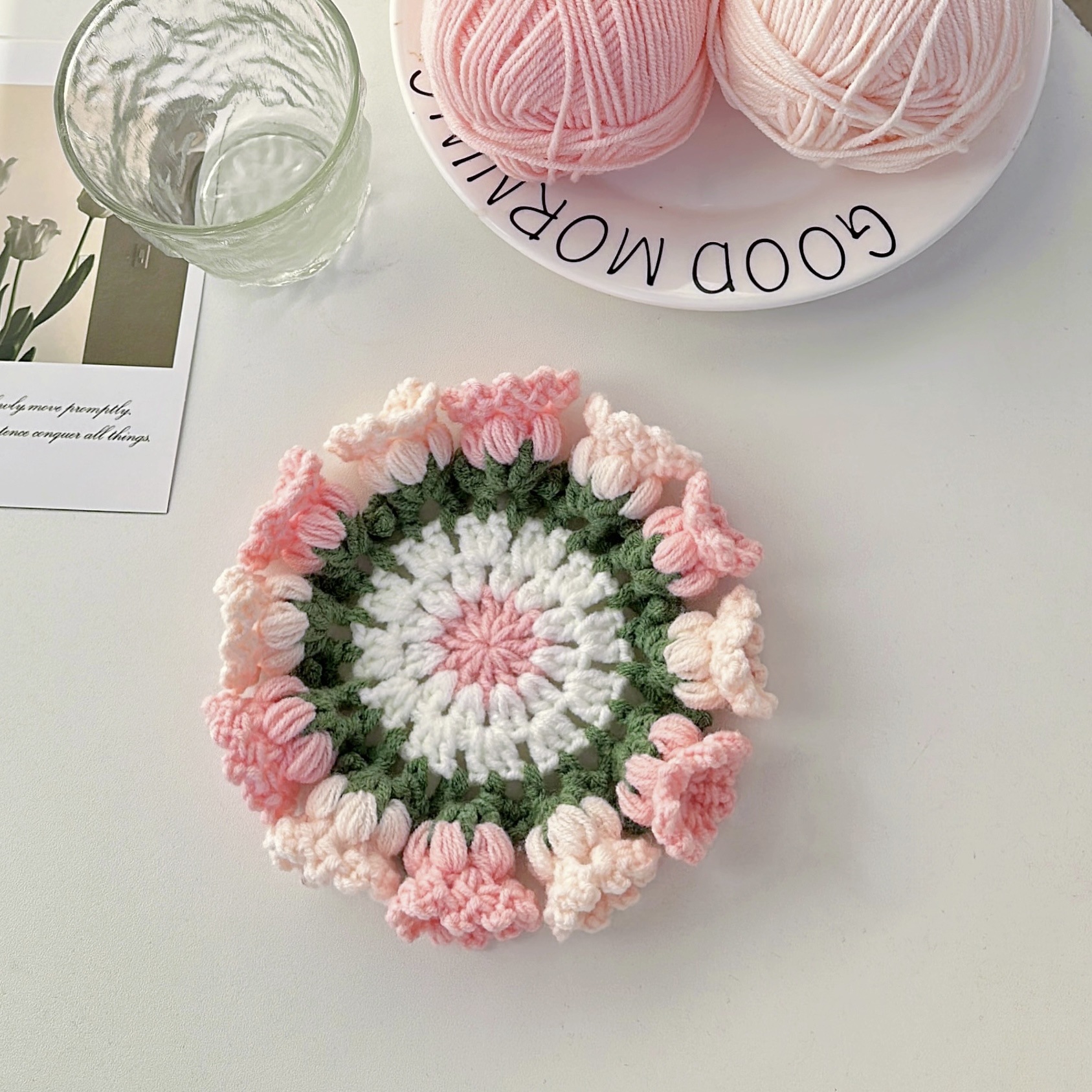 Picture of Beginner Handmade Weaving DIY Materials Kit, Yarn, Crochet, Lily of the Valley Gradient Coaster Gift for Girlfriend