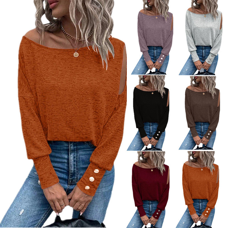 2023 Spring and Winter Foreign Trade Amazon wish New European and American Women's Solid Color Fashion Shoulder Cuff Button T-shirt