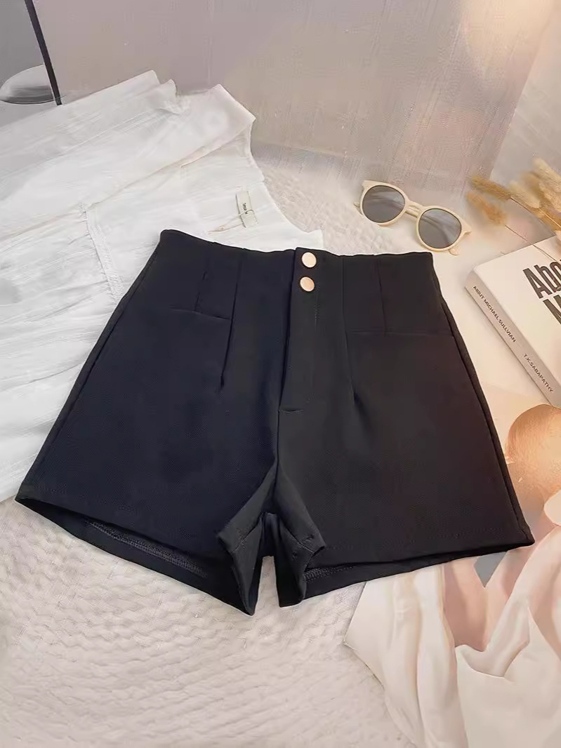 A-Line Black Suit Pants 2025 New Summer Wide-Leg Pants Fashion Korean Design Button High-Waisted Hot Pants