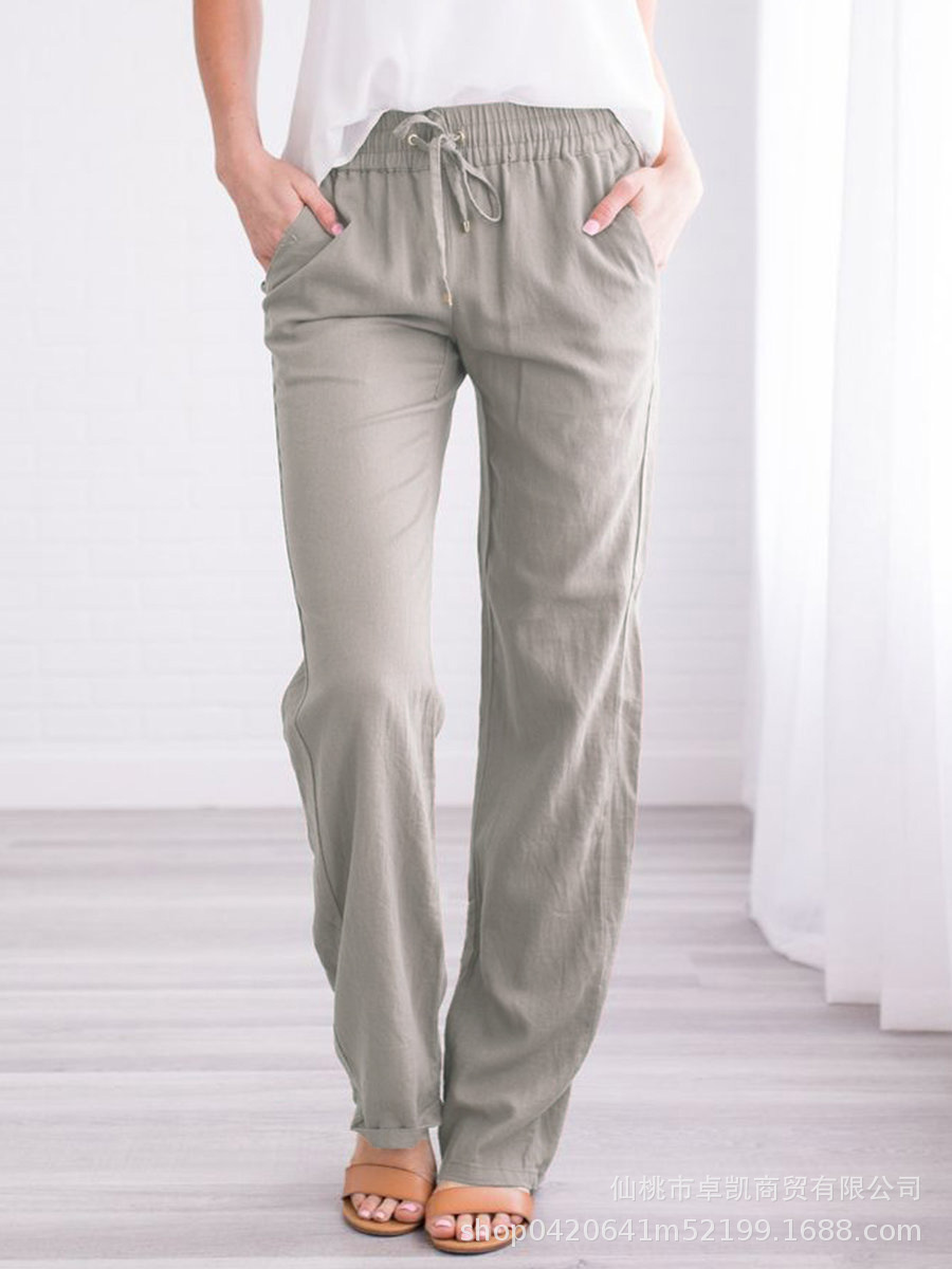 Picture of 2025 Cross-Border Ebay Amazon Wish Spring and Summer New Pure Color Cotton and Linen Loose Drawstring Casual Wide-Leg Pants for Women