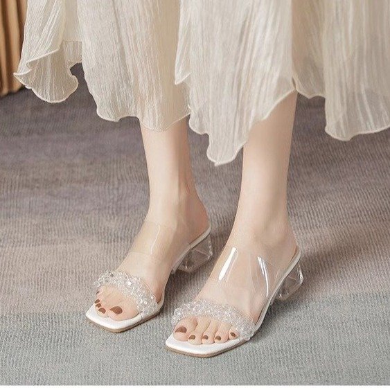 Fairy's Thick Heel Slippers Women's Summer Outer Wear Fashionable Crystal Mid Heel Slippers All-Match Transparent Women's Sandals