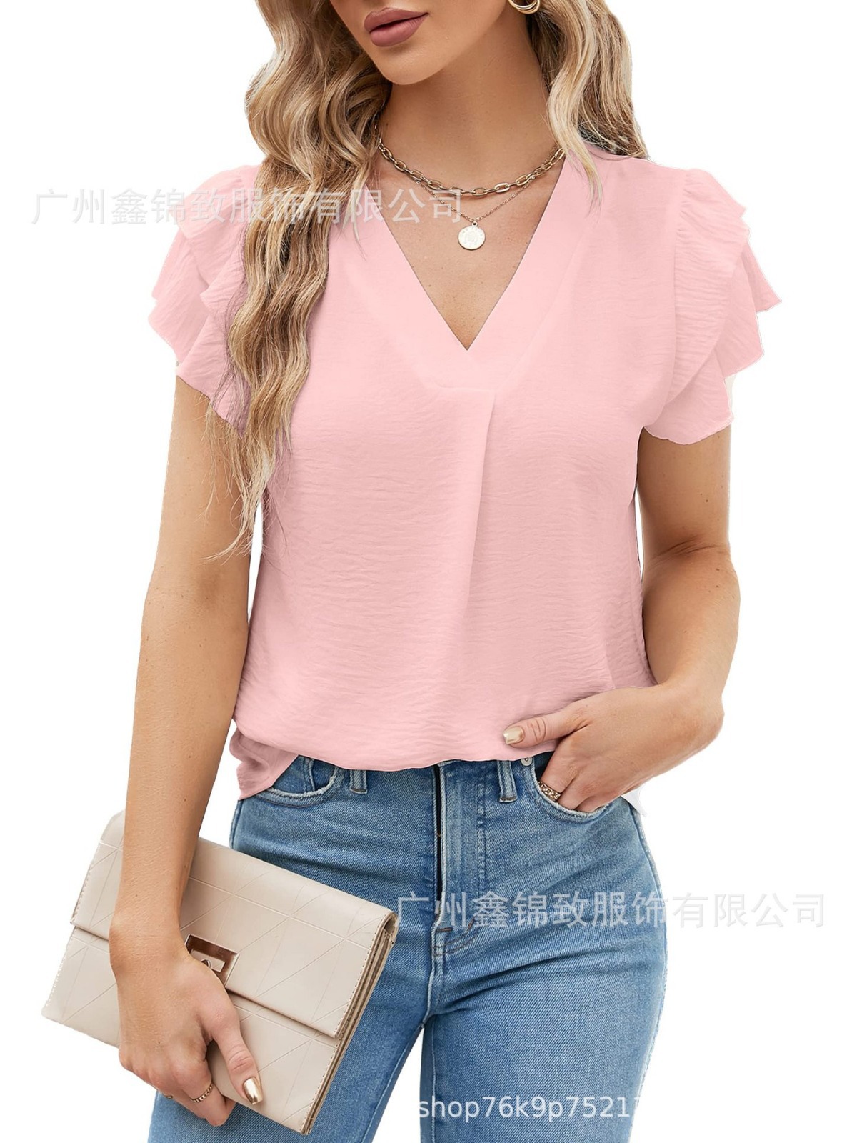 Women's formal casual blouse ruched short sleeve V-neck business casual top cute work blouse 2024