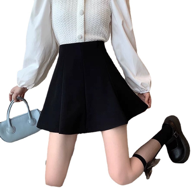 Picture of Black pleated skirt women's summer small short culottes cover slim high waist sweet spicy A- line umbrella skirt