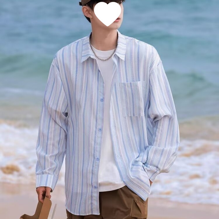 American Trendy First Love Pink Striped Shirt Men's Summer Thin Teenagers Loose Long Sleeve Shirt Sunscreen Jacket