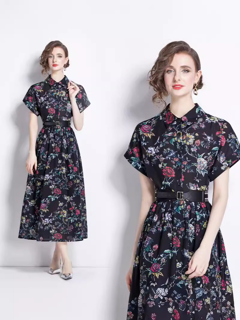 in stock 2024 summer women's lapel cotton dress lined with belt