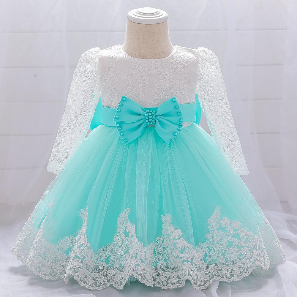 Picture of Amazon one-year-old dress long sleeve lace stitching wash dress bow beaded girl dress