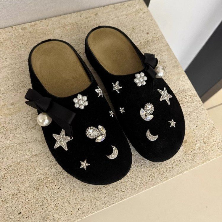 Korean Style Rhinestone Bow Thick Bottom Half Slippers 2024 Autumn and Winter New Fashionable All-match Heightened Burken Shoes