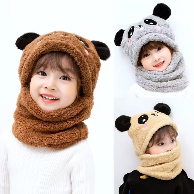 Picture of Children's hat wholesale autumn and winter boys and girls ear protection cap scarf one cute baby cap plus Velvet Ear cotton cap