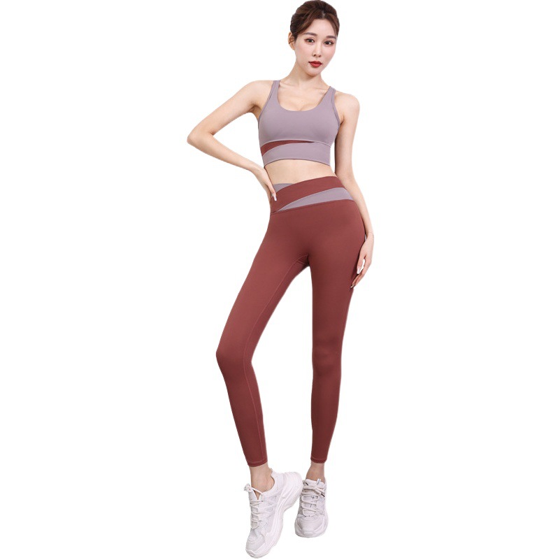 Color block sports suit color contrast quick-drying trousers suit summer breathable naked sports suit women's sports bra