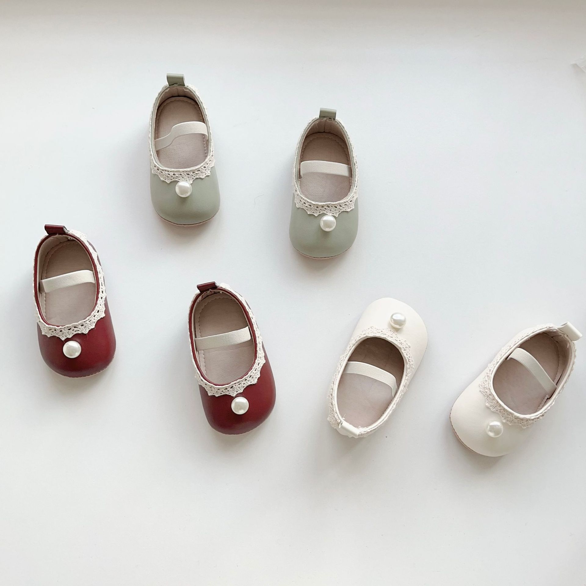 Ins Retro Girls Shoes New Lace Lace Princess Shoes PU Non-slip Soft Sole Shoes Pearl Baby Shoes