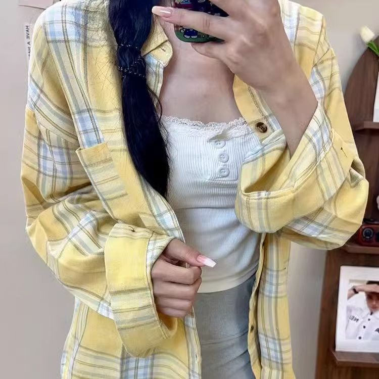 Power Style Lazy Retro Loose Plaid Shirt Autumn Long Sleeve Top Thin Casual Cardigan Sun Protection 2024 New
