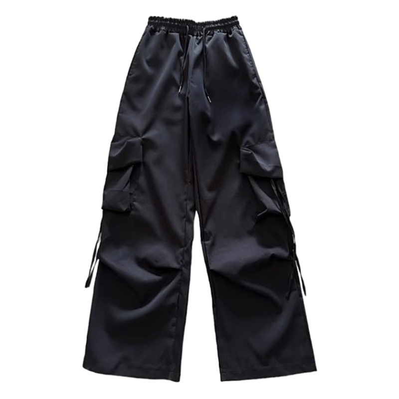 American Retro Niche Cargo Pants for Women with Stereo Flap Pocket Pantss, High-Waisted Straight Wide-Leg Ribbons, Loose Casual Floor-Length Pants