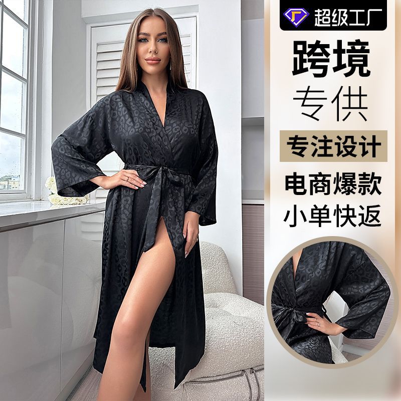 Explosions Women's Mid-length Pajamas Home Clothes Black Belt Hotel Bathrobe Breathable Ice Silk Pure Desire Style Nightgown