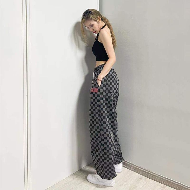 Picture of Black and White Chessboard Plaid Pants Women's Hip-hop 2024 Loose Wide-leg Trendy Jazz Dance Casual Sports Pants High Street Trendy
