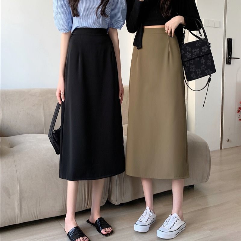2023 Summer plus size chubby girl Black Skirt Women's High Waist Mid-length Split A- line Skirt Slimming Hip Skirt