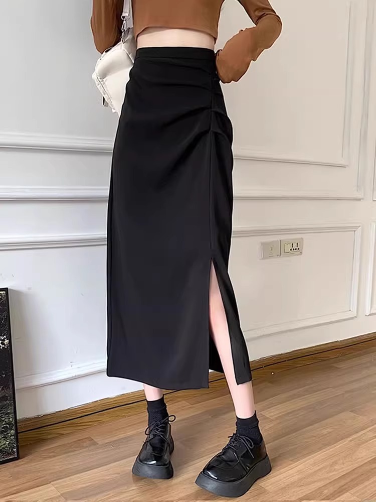 2024 New High Waist Slimming One-Step Skirt Design Split Mid-Length A- Line Skirt Fashionable Korean Style Hip Bag Skirt