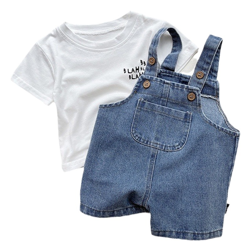 Children's clothing in stock spring/summer Denim suspender shorts short sleeve suit baby boys and girls Korean style outing two-piece suit