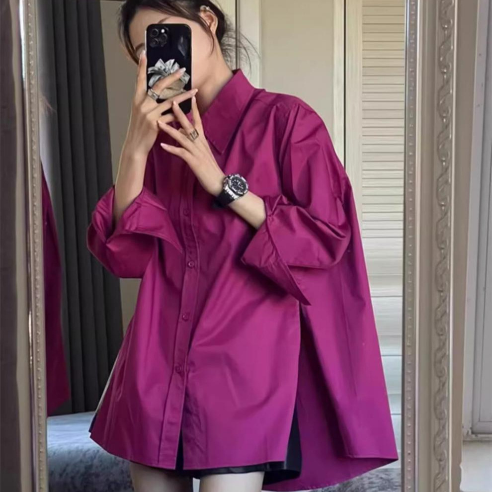 Korean Style High-End Accessible Luxury Rose Red Shirt Tops for Women 2025 Spring & Fall Design Chic Loose Sun Protection Jacket