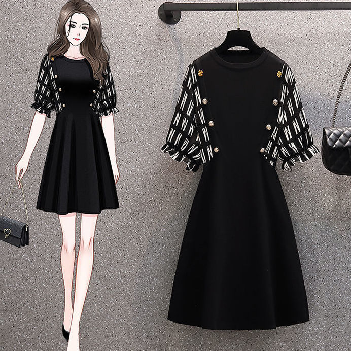 Large size women's clothing 2023 Summer new fat sister French elegant high-end waist slimming black dress