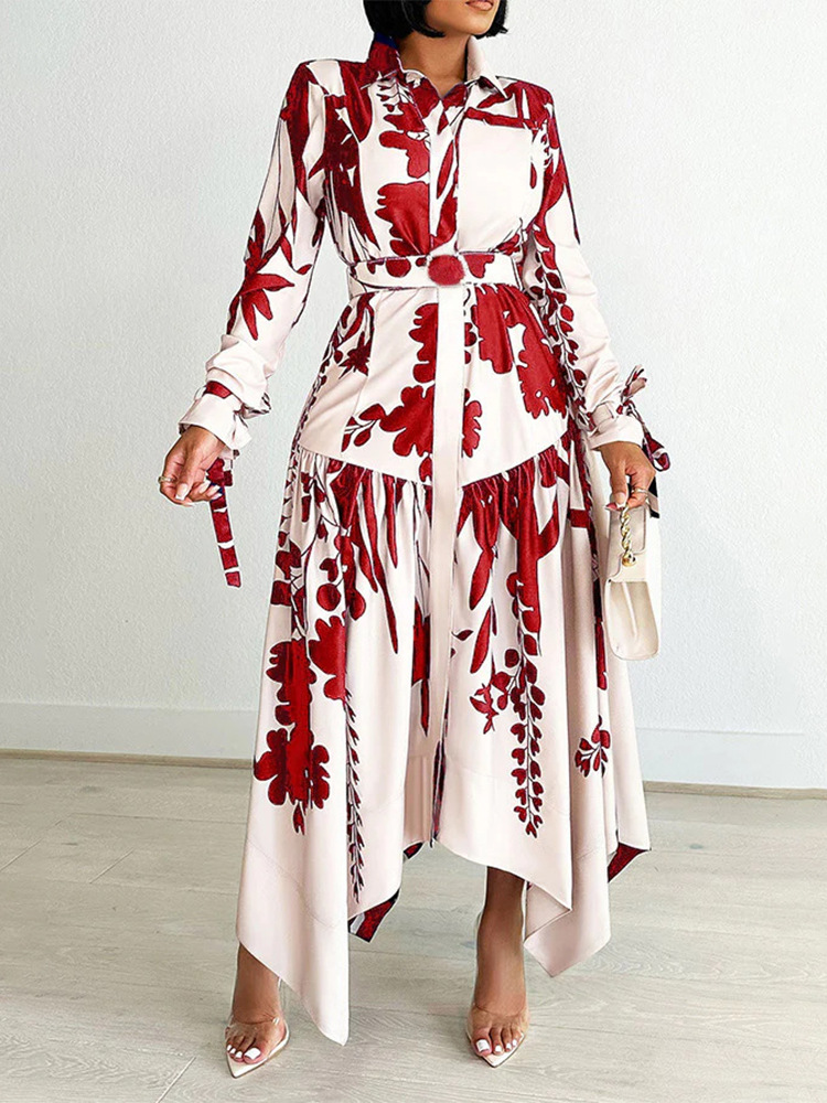 Women's summer new fashion temperament printed lapel long sleeve irregular skirt printed dress