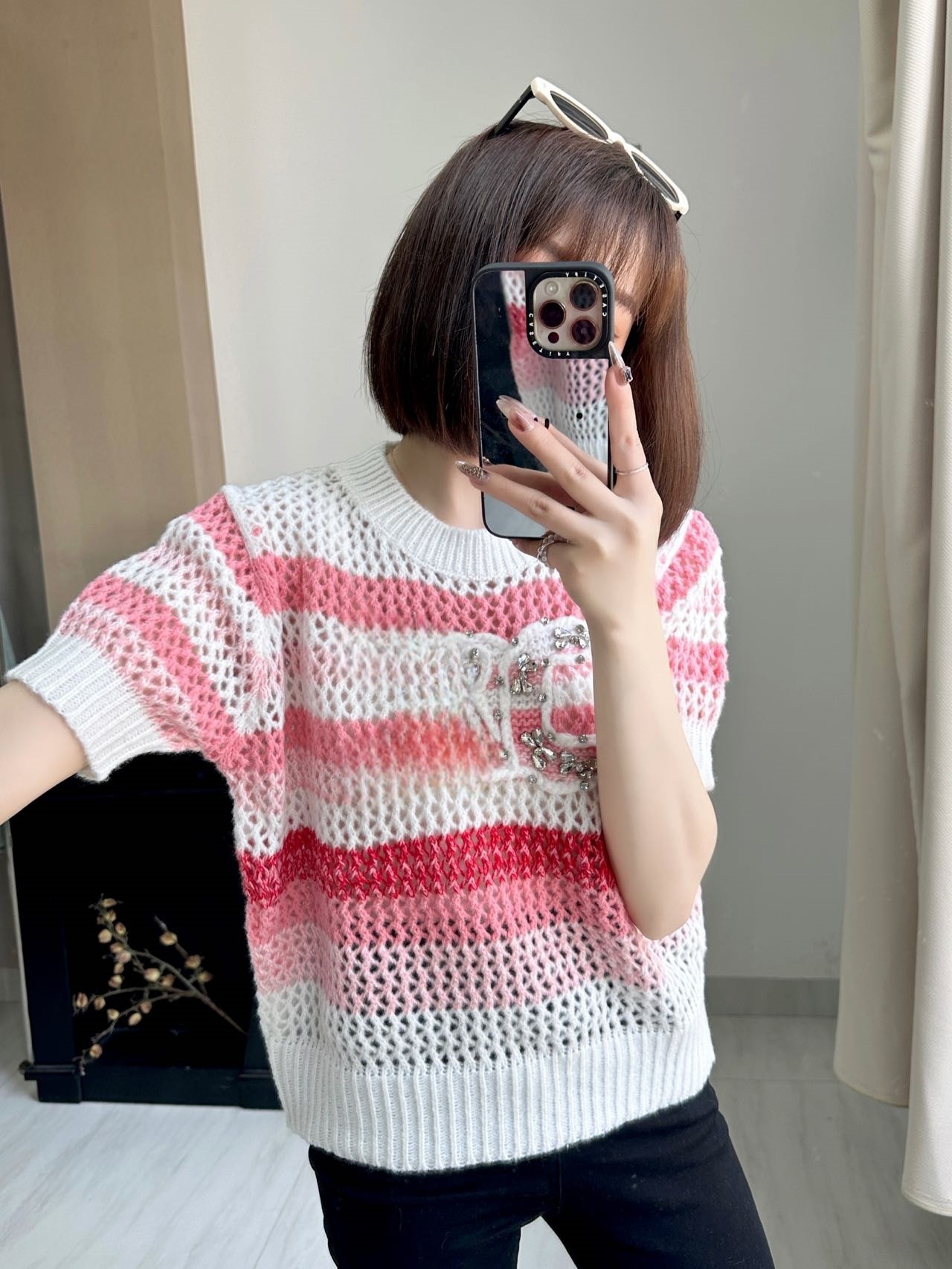Xiaoxiang Cut Out Shirt Stripesd Short-Sleeved Knitwear Summer 2025 New Style Lazy Style Loose Outer Top