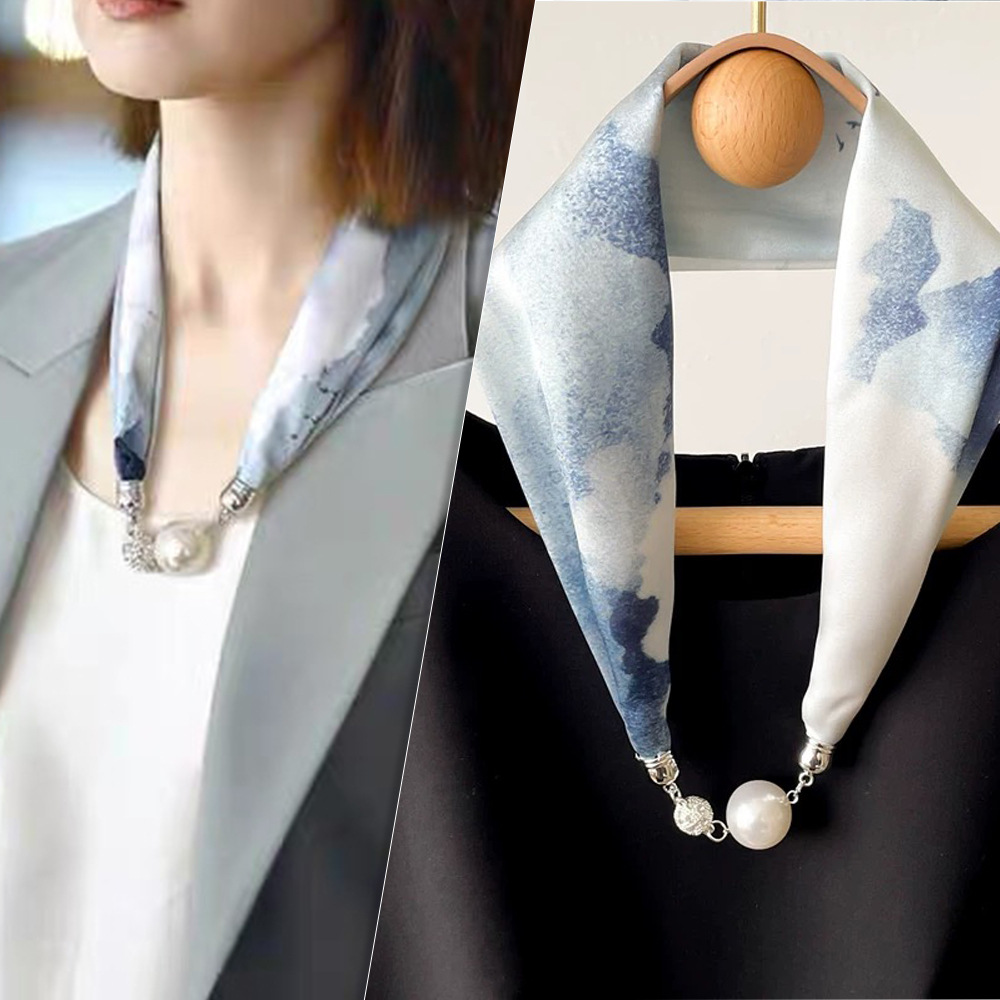 Original New Pearl Scarf Magnetic Buckle Female Autumn Professional Necklace Scarf Neck Decorative Small Scarf Magnetic Buckle Scarf