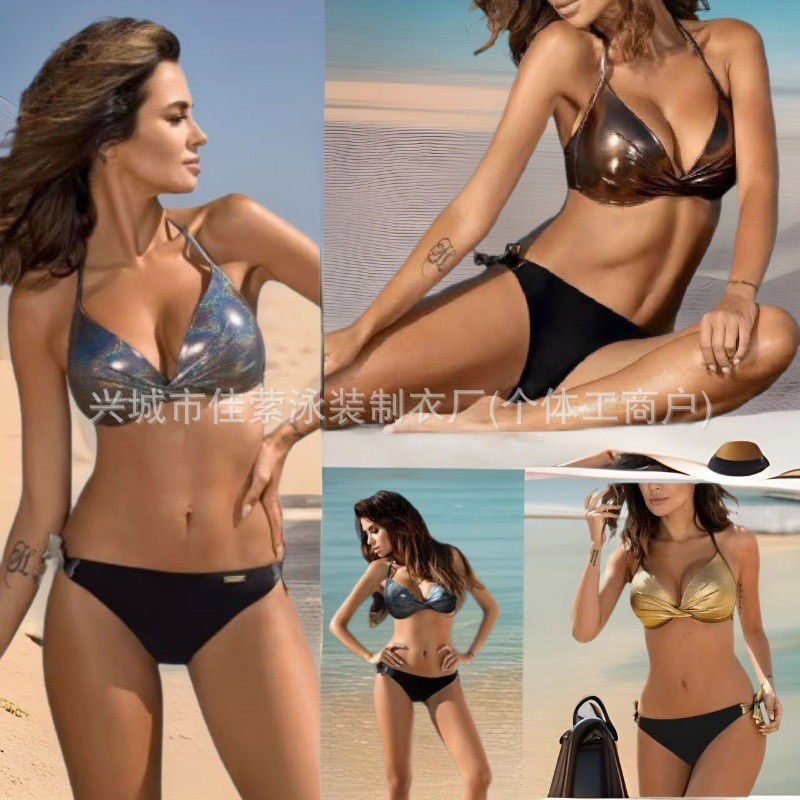 2024 new European and American sexy split women's bikini swimsuit gilded hard bag gathered bikini swimwear wholesale